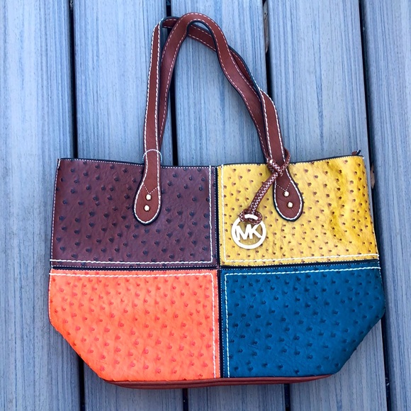 Michael Kors Handbags - Leather tote bag ostrich patchwork brown yellow blue orange w Michael Kors logo